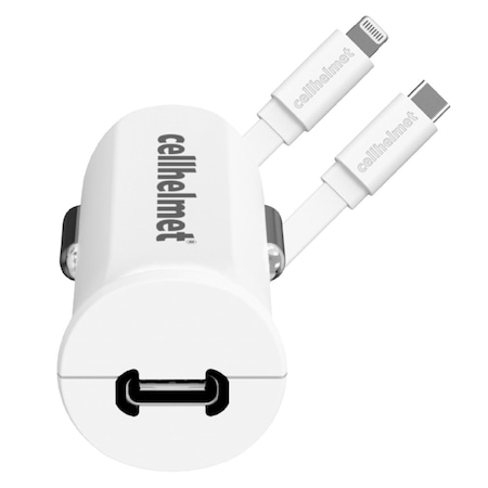 Cellhelmet PD USB C Car Charger 20W and USB C to Apple Lightning Cable 3ft, White CAR-PD-20W+R-LIGHT